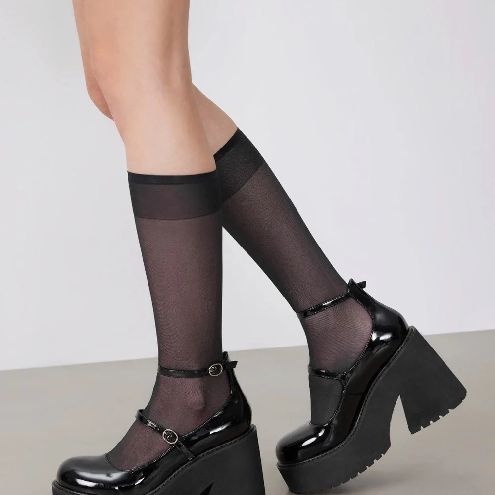 Cider Chunky Platform Mary Jane Heels Black Patent Goth Academia Shoes - Picture 6 of 8